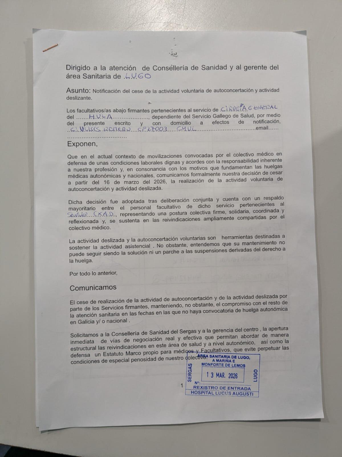 Escrito remitido al Sergas por parte de los cirujanos del HULA.