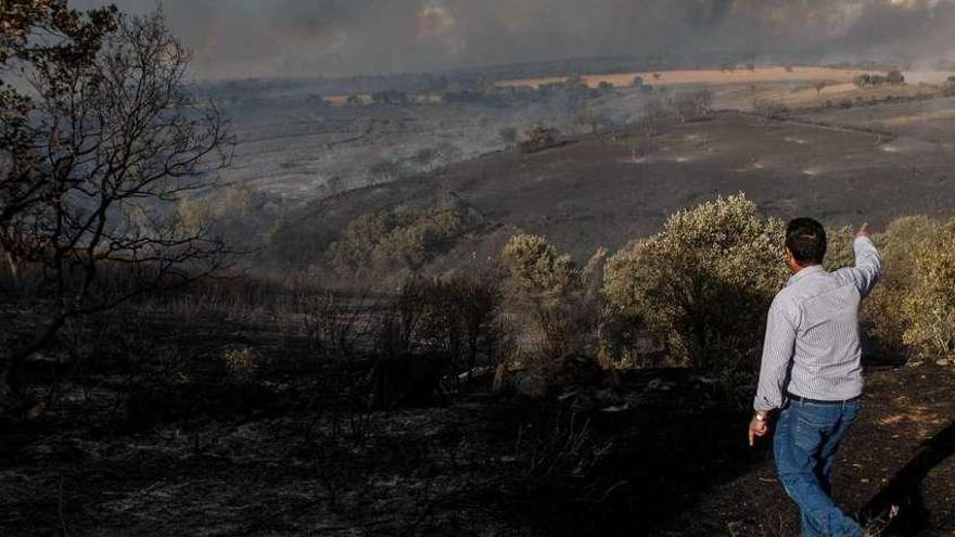 Un vecino de la zona señala la superficie ya calcinada, aún en perimetración.