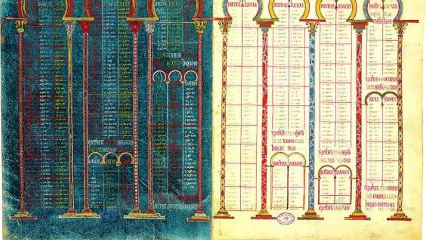 Doble página de la «Biblia de Danila», en la que se aprecia el rarísimo color turquesa. / reproducción l. pedicini