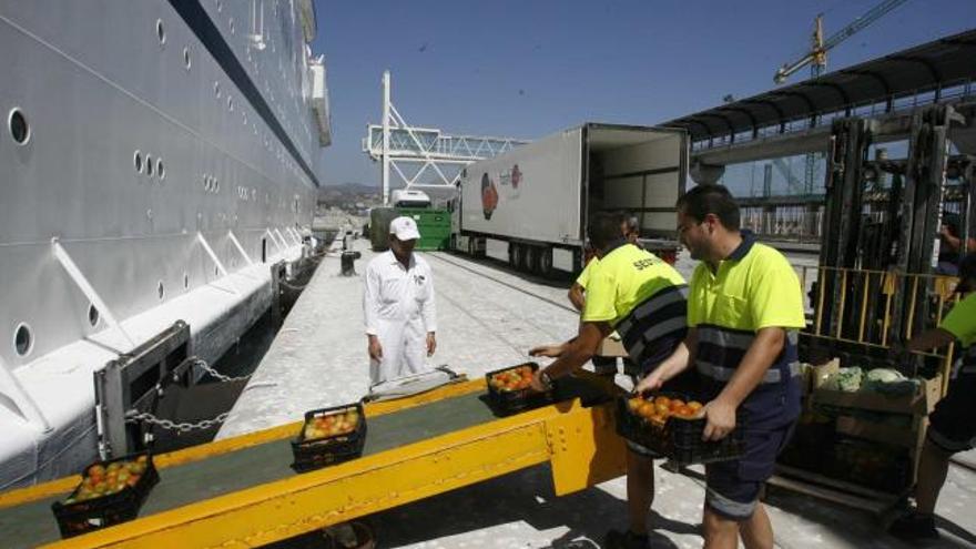 Un grupo de estibadores descarga cajas de verduras para aprovisionar el  MSC Melody