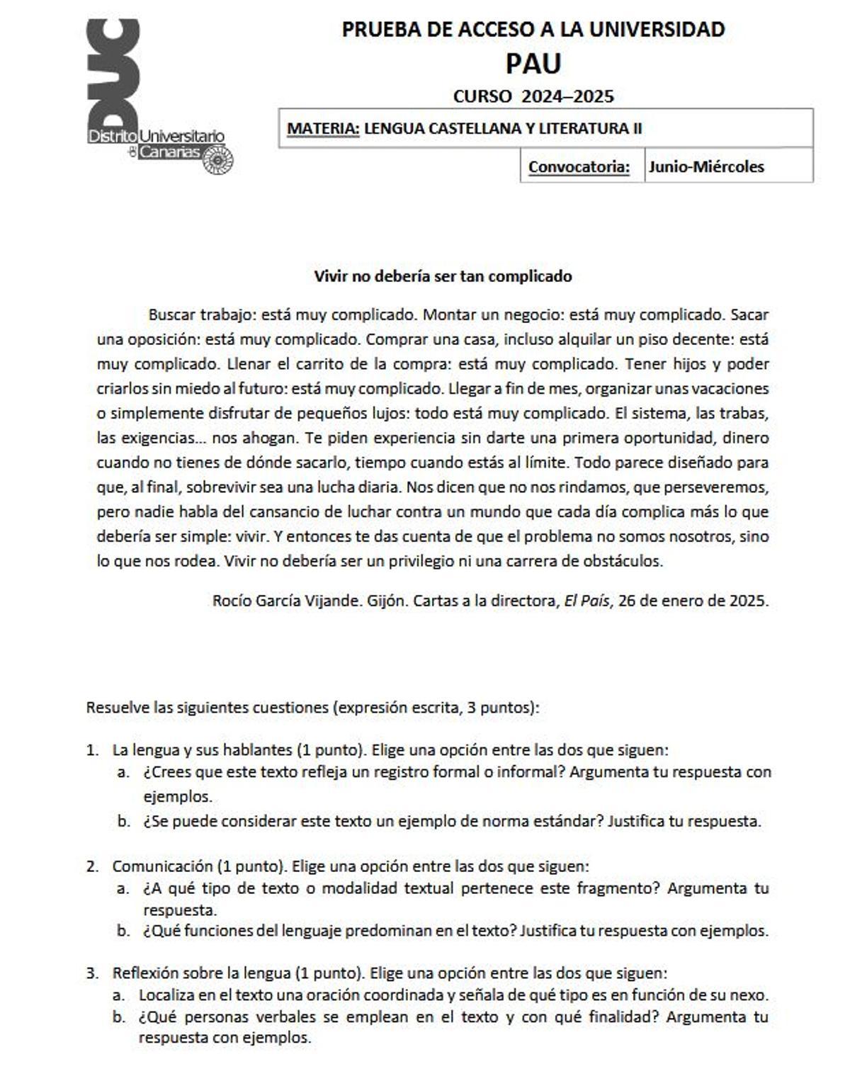 Detalle dle primer examen realizado en Canarias de la PAU.