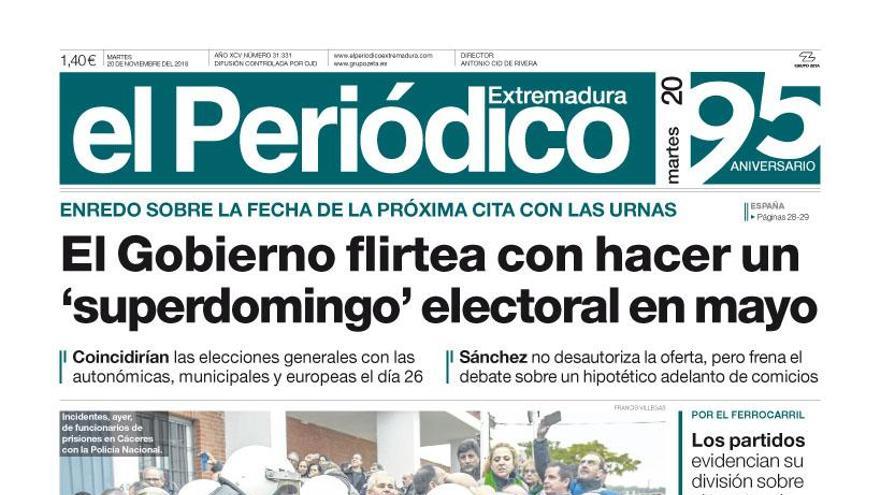 Esta es la portada de EL PERIÓDICO EXTREMADURA correspondiente al día 20 de noviembre del 2018