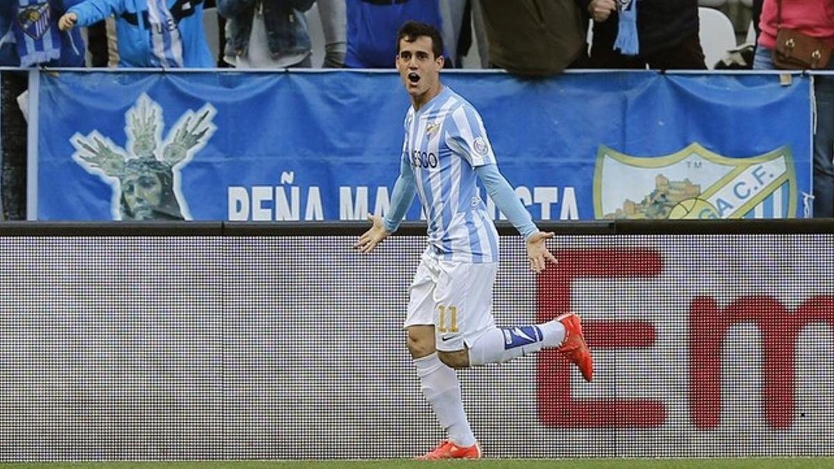 Juanmi celebra su primer gol con el Málaga ante el Córdoba