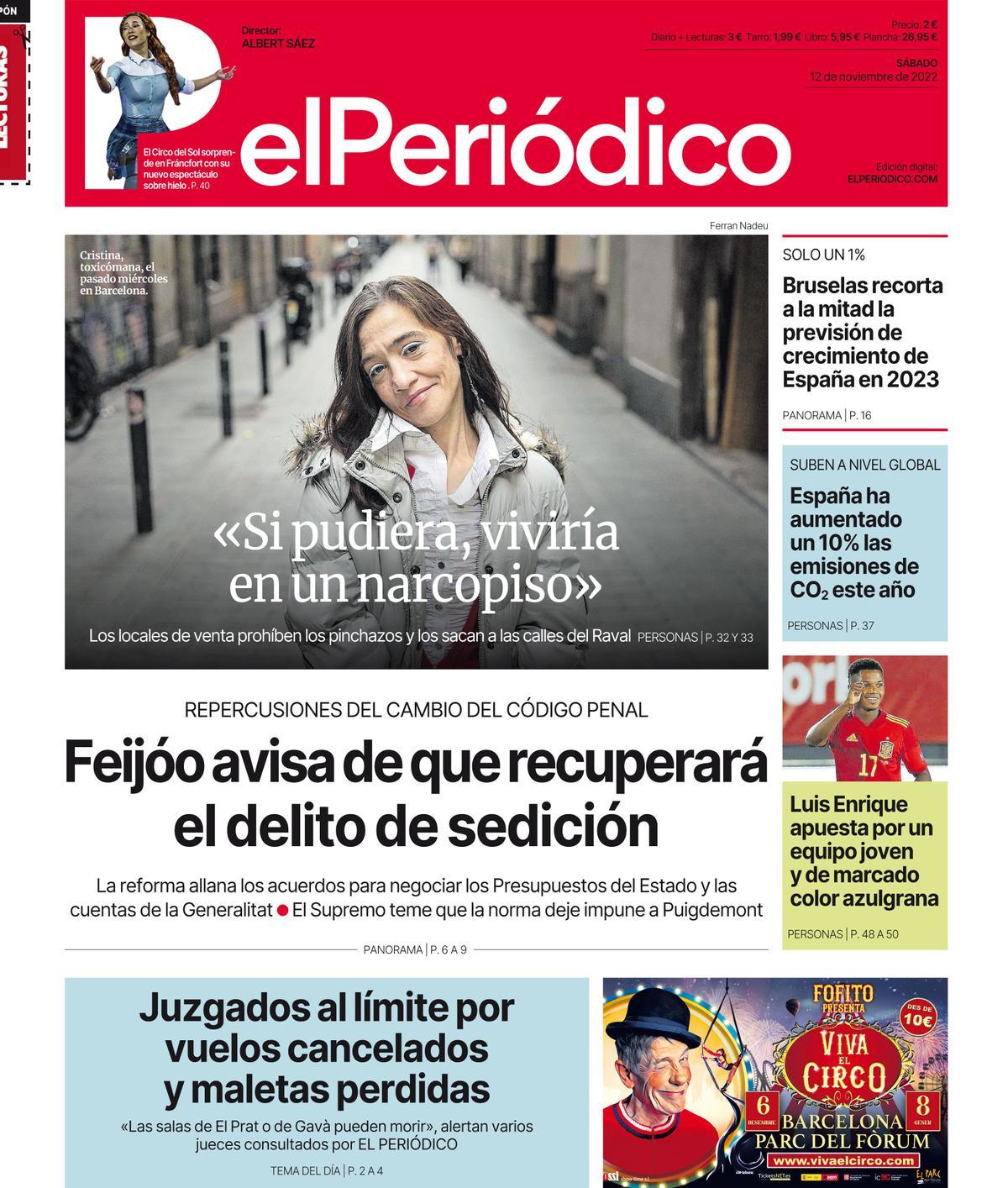 La portada d’EL PERIÓDICO del 12 de novembre del 2022