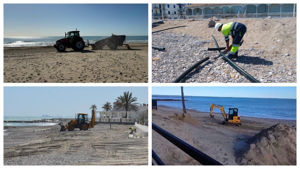 Máquina u operarios trabajando en las playas de Burriana, Almassora, Moncofa y Nules.