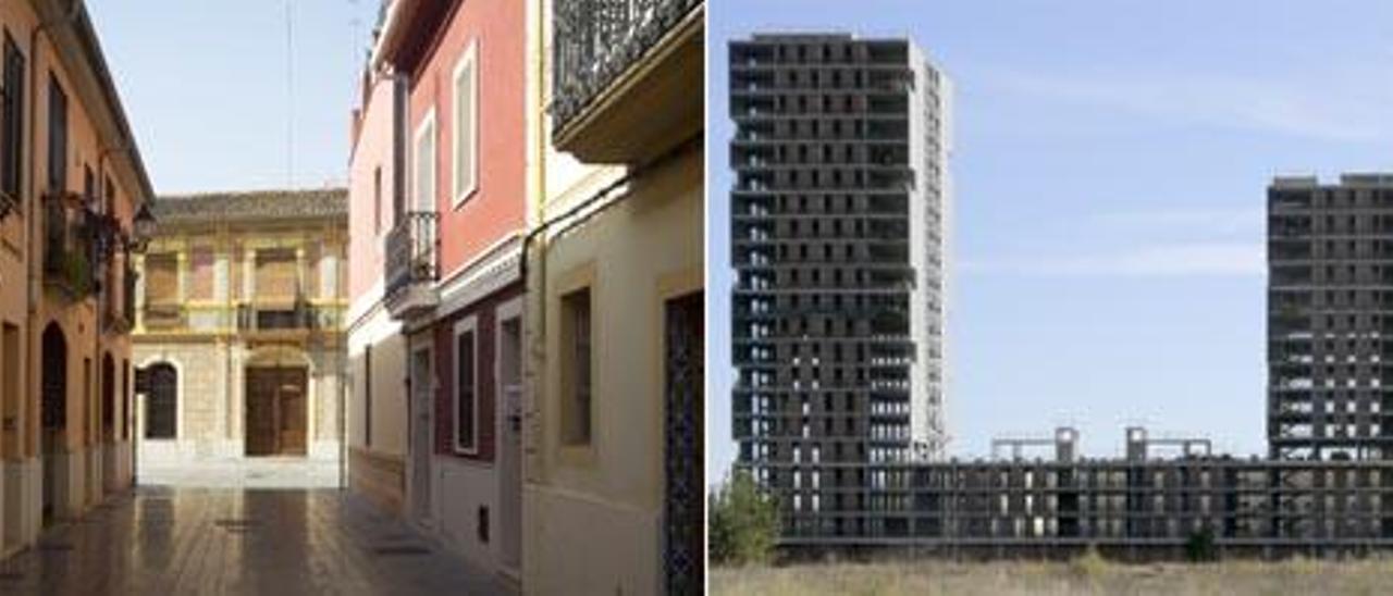 Confluencia de las calles Baró de Barxeta con Grabador Enguídanos y la vista frontal del esqueleto de las dos torres que impulsó el Instituto de la Vivienda en la pedanía de La Torre (de izquierda a derecha).