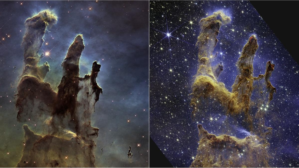 Los Pilares de la Creación en la imagen tomada por el Hubble en 2014 (izquierda) y la actual, fotografiados por el telescopio Webb.