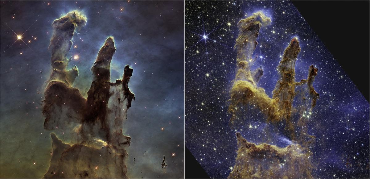 Los Pilares de la Creación en la imagen tomada por el Hubble en 2014 (izquierda) y la actual, fotografiados por el telescopio Webb.