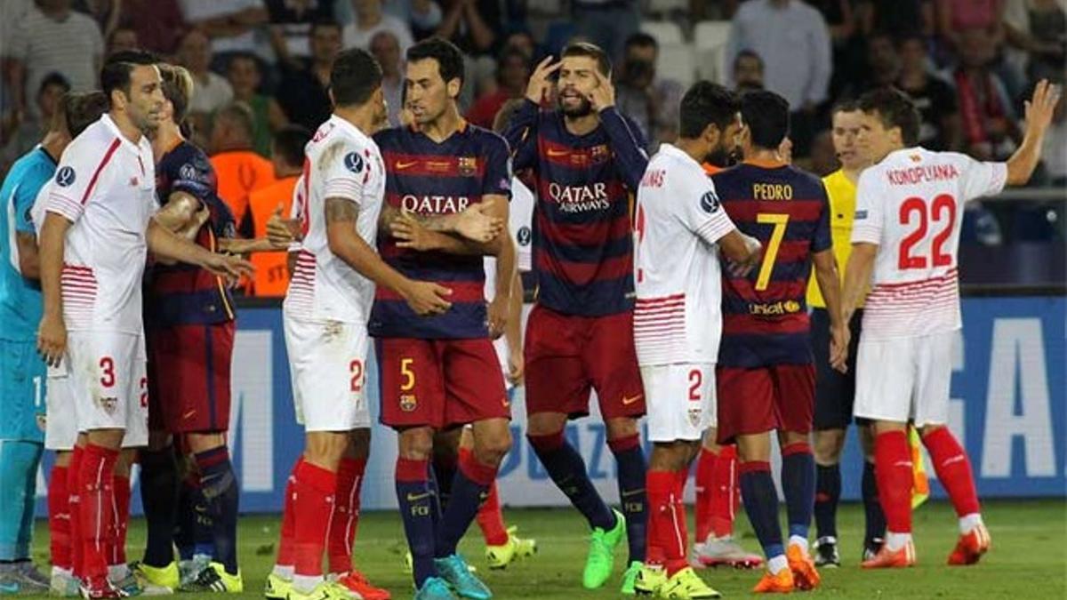 Un momento de la final de la Supercopa de Europa entre el FC Barcelona y el Sevilla CF 2015-16 disputada en Tibilisi