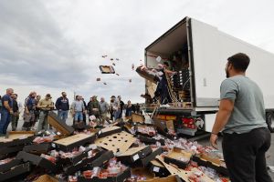 Viticultores franceses destrozan la carga de camiones españoles. En el peaje de Le Boulou, unos 500 viticultores han asaltado varios camiones con productos agrícolas españoles y de marruecos. Han hecho una selección y han destrozado el cargamento. Entre lo arrasado había vino, tomates o lechugas.