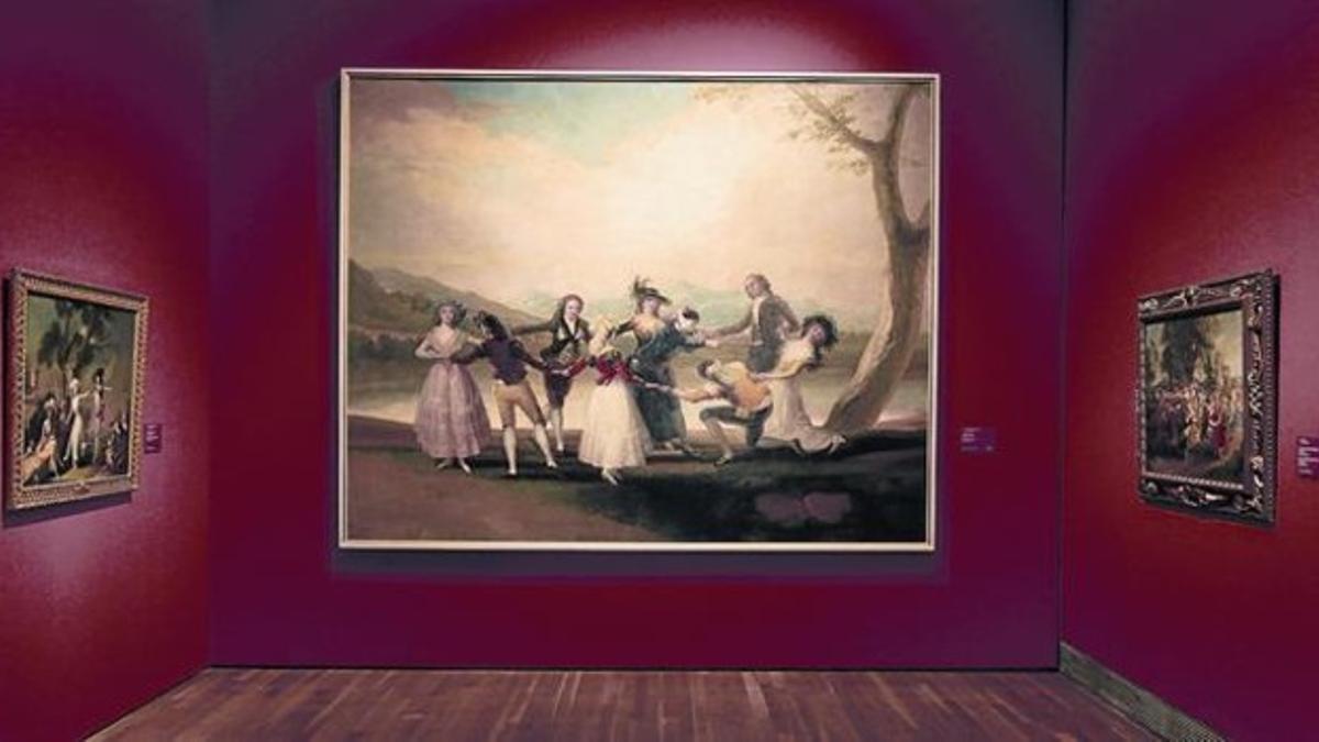 Cara a cara 8'La gallina ciega', de Goya, flanqueada por 'Una romería' de Bonanat y por 'Danza de personajes mitológicos' de Rubens (a la izquierda).