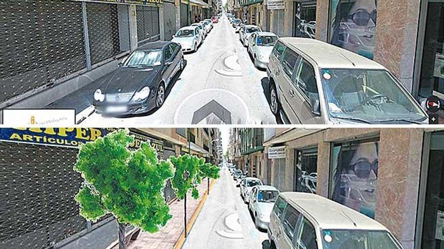 Arriba doble aparcamiento en Andreu Feliu, y abajo cómo quedaría sin una hilera de coches.