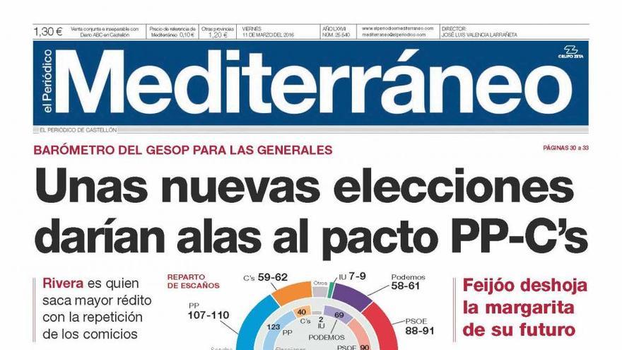 Unas nuevas elecciones darían alas al pacto PP-C’s, en la portada de Mediterráneo