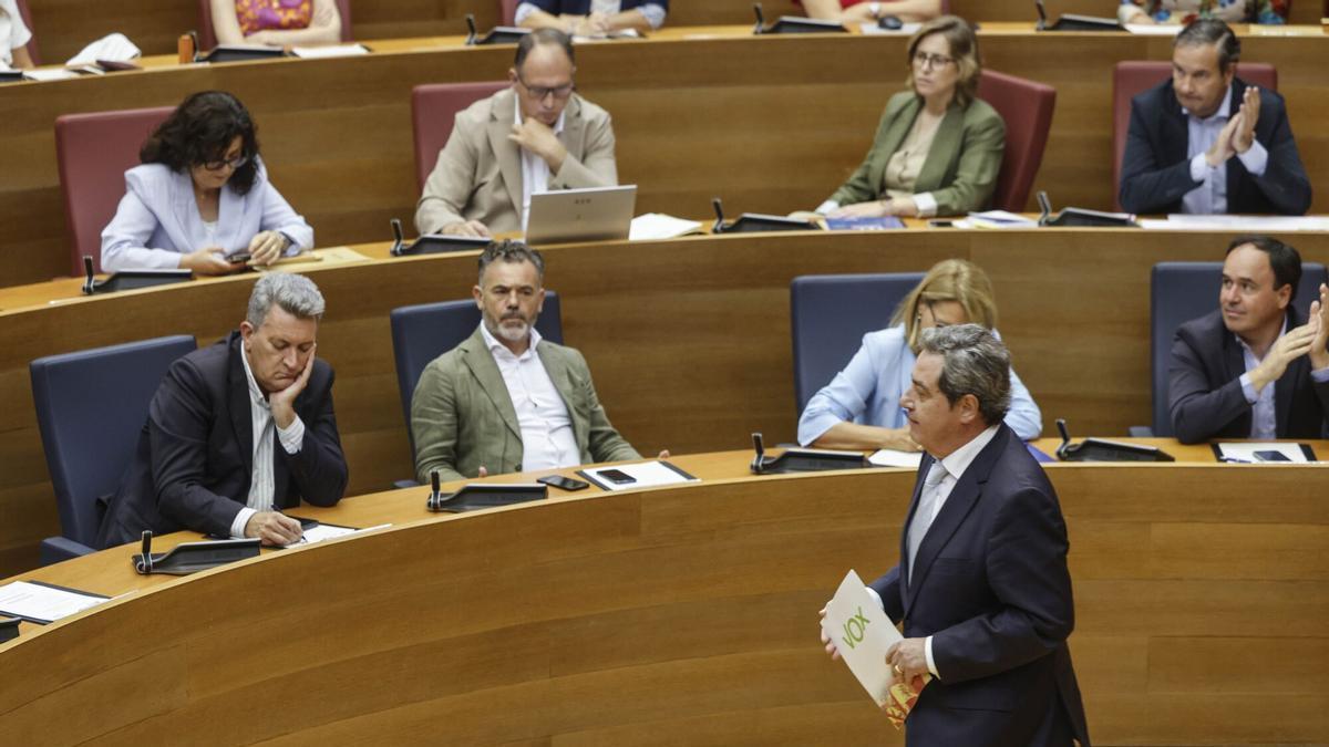 El presidente de Vox Valencia, José María Llanos, durante la aprobación de los Presupuestos de la Generalitat el pasado 22 de julio, con el punto de la "prioridad nacional".