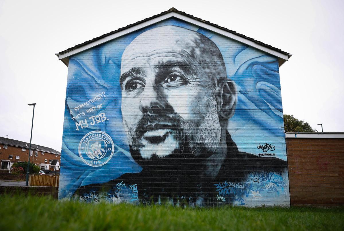 Mural en Manchester dedicado a Pep Guardiola, técnico del City.