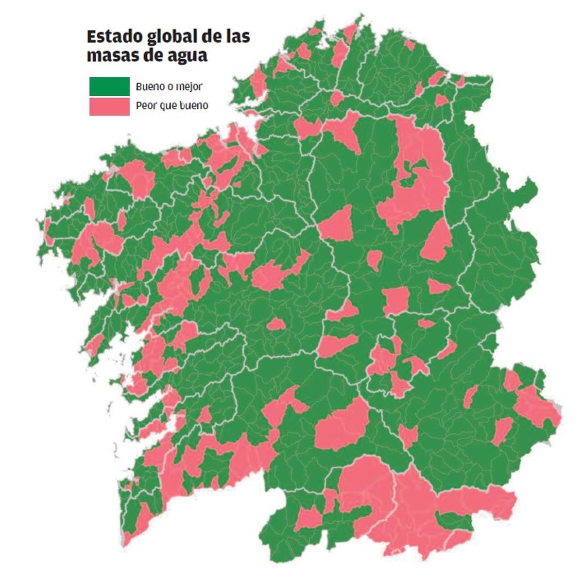 Estado global de las masas de agua en Galicia.