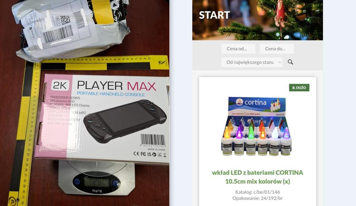 A la izquierda, una de las videoconsolas utilizadas para esconder flakka en el envío. A la derecha, una de las páginas web de productos navideños que ha encontrado la Guardia civil como punto de venta clandestino de la droga.