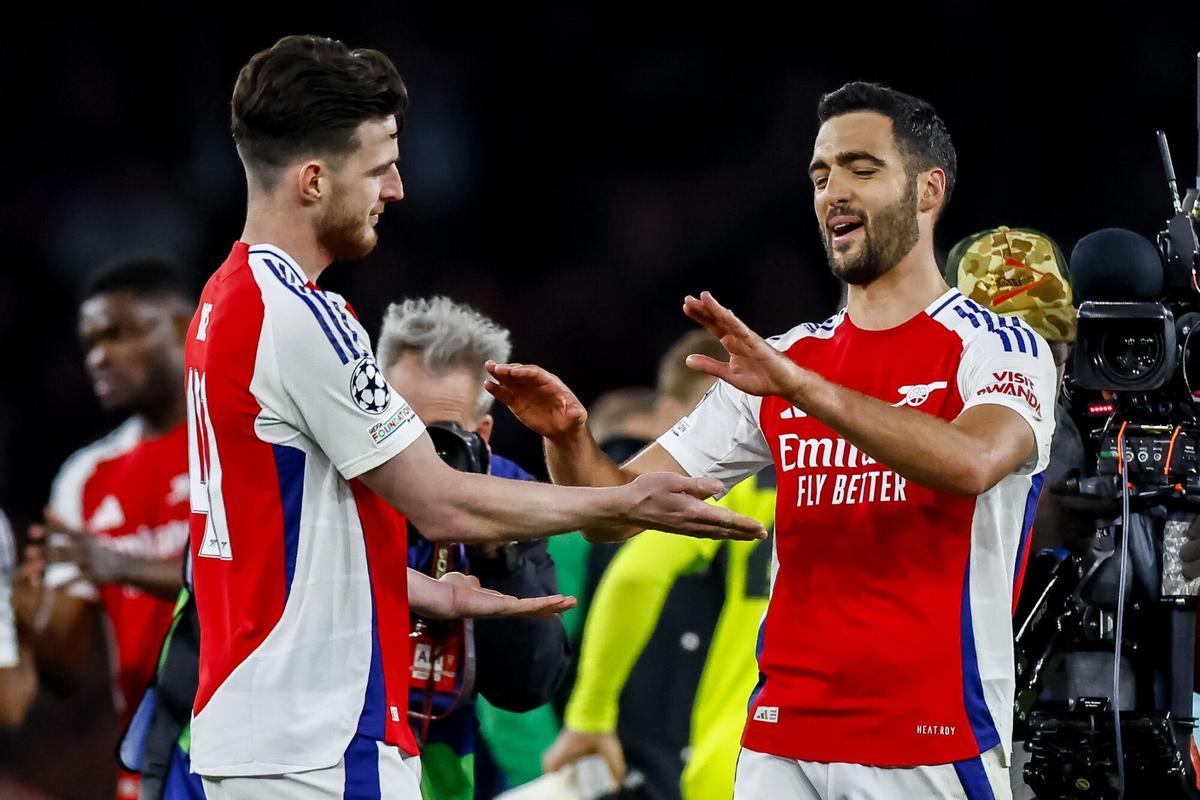 Declan Rice and Mikel Merino in the first leg of the UEFA Champions League final