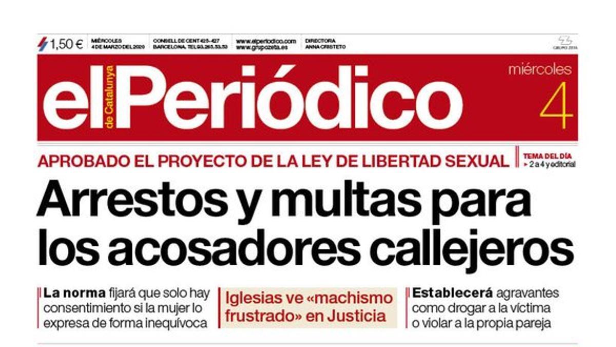 La portada de EL PERIÓDICO del 4 de marzo del 2020