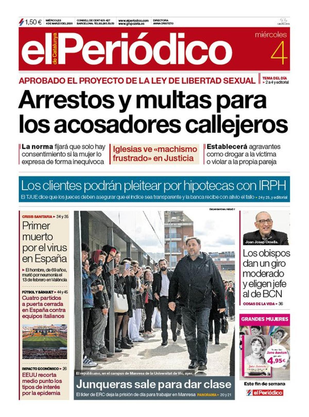 La portada de EL PERIÓDICO del 4 de marzo del 2020