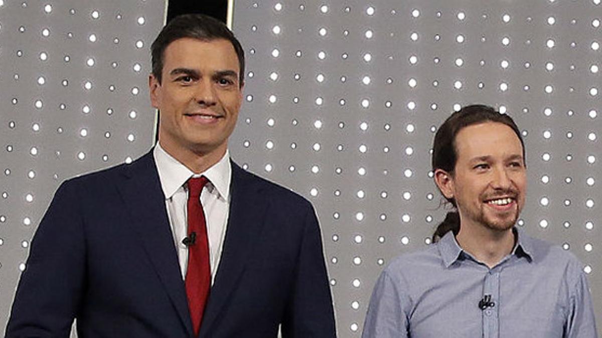 Pedro Sánchez y Pablo Iglesias, durante el debate a cuatro celebrado en Antena 3 y La Sexta.
