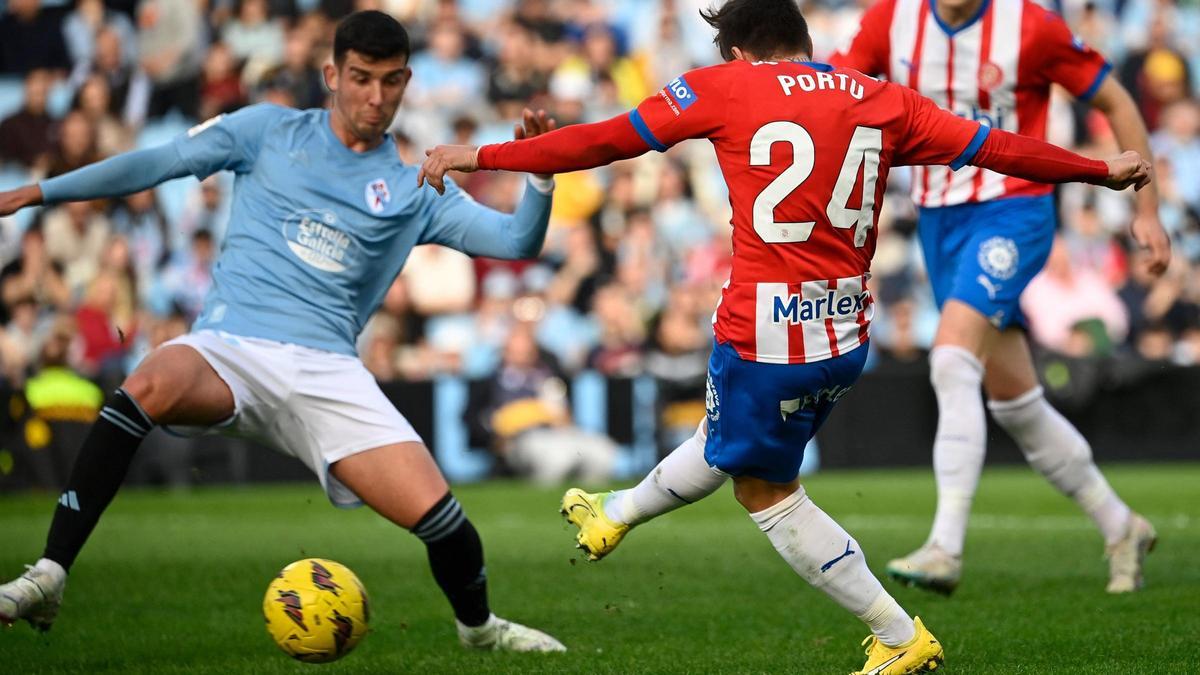 El derechazo de Portu en la primera parte que le dio el triunfo al Girona en Balaidos.