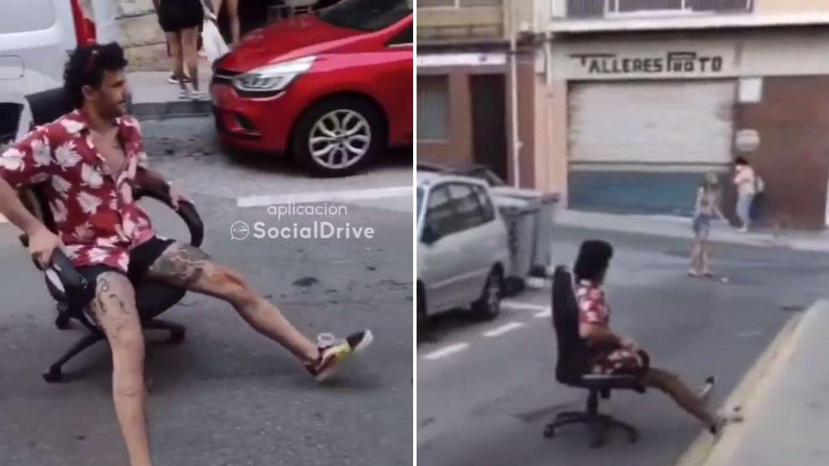 Varios fotogramas del vídeo compartido por Social Drive del joven montado en una silla de escritorio