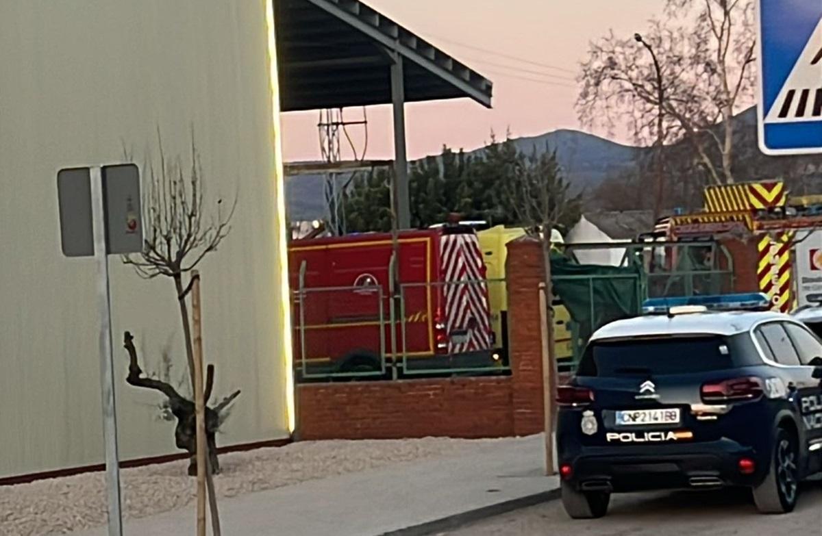 Vehículos de bomberos y de la Policía Nacional en la cooperativa olivarera donde se ha registrado el accidente, este viernes en Lucena.