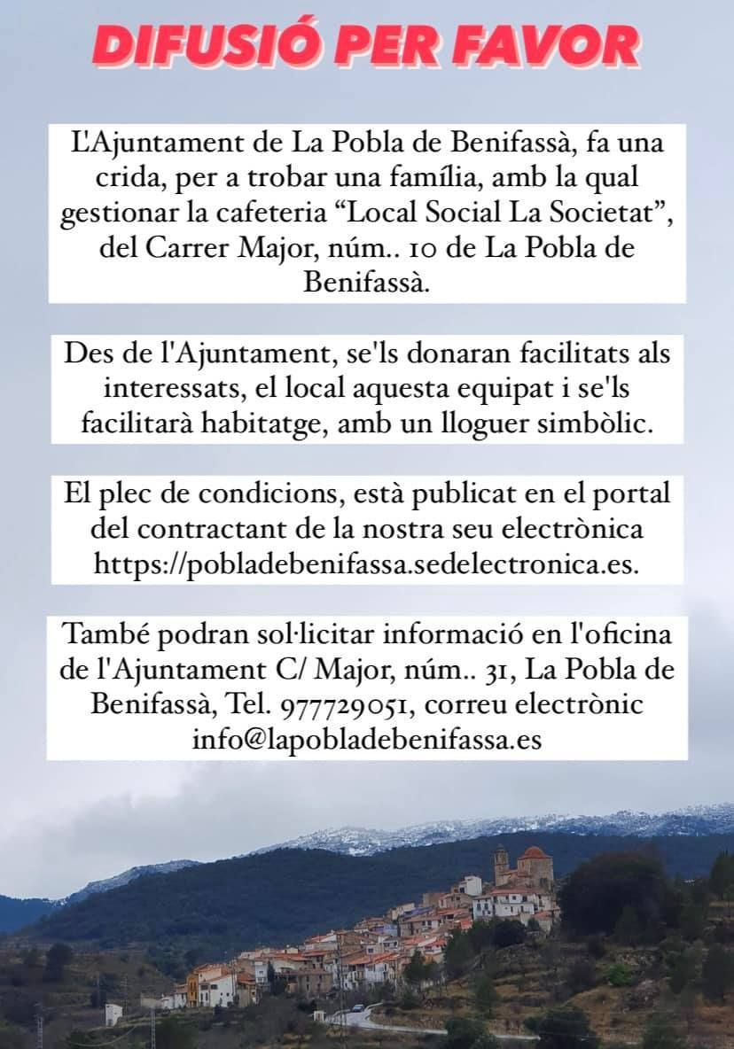 Anuncio que ha compartido el Ayuntamiento de la Pobla de Benifassà para encontrar a candidatos.
