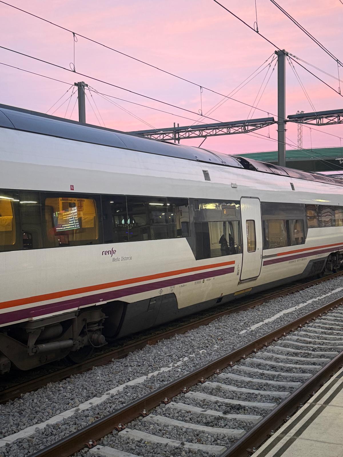Un tren de Media Distancia de Renfe detenido en la estación ferroviaria de Mérida.