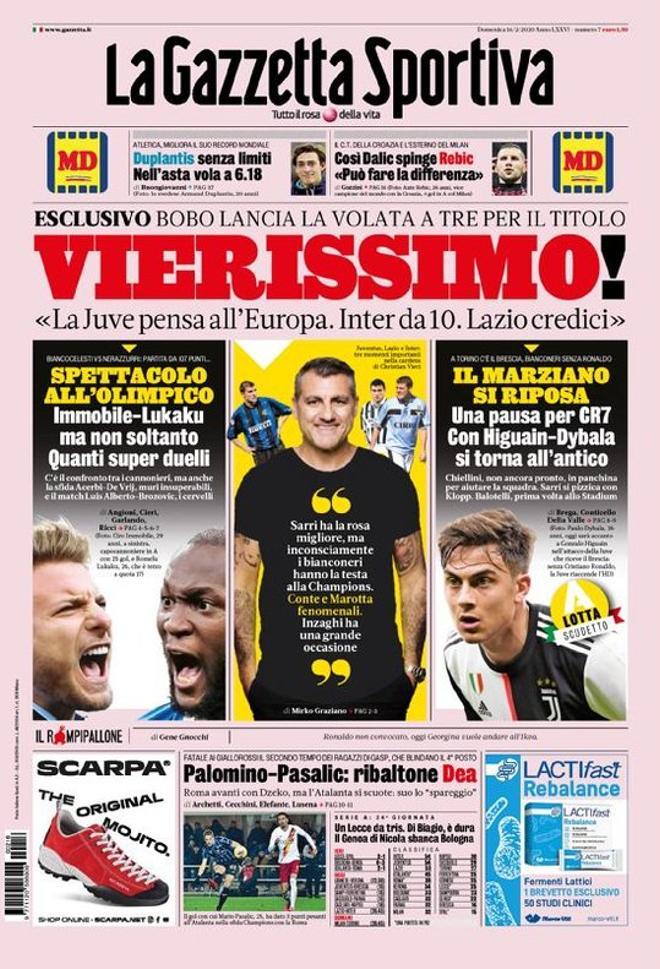 Esta es la portada de La Gazzetta dello Sport del domingo 16 de febrero