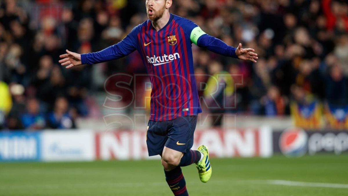 Leo Messi dispara un penalty a lo &quot;Panenka&quot; para marcar el primer gol del partido de vuelta de los octavos de final de la Liga de Campeones que se juega esta noche en el Camp Nou, en Barcelona