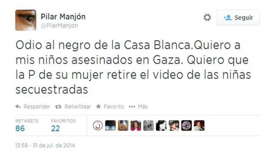 Twitter cierra la cuenta de Pilar Manjón después del mensaje: &quot;Odio al negro de la Casa Blanca&quot;