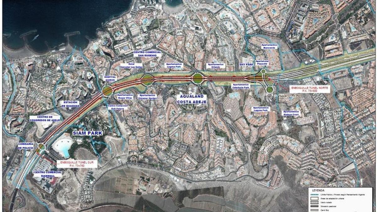 Mapa en el que se muestra la zona en la que se desarrollarán las obras del falso túnel sobre la TF-1.