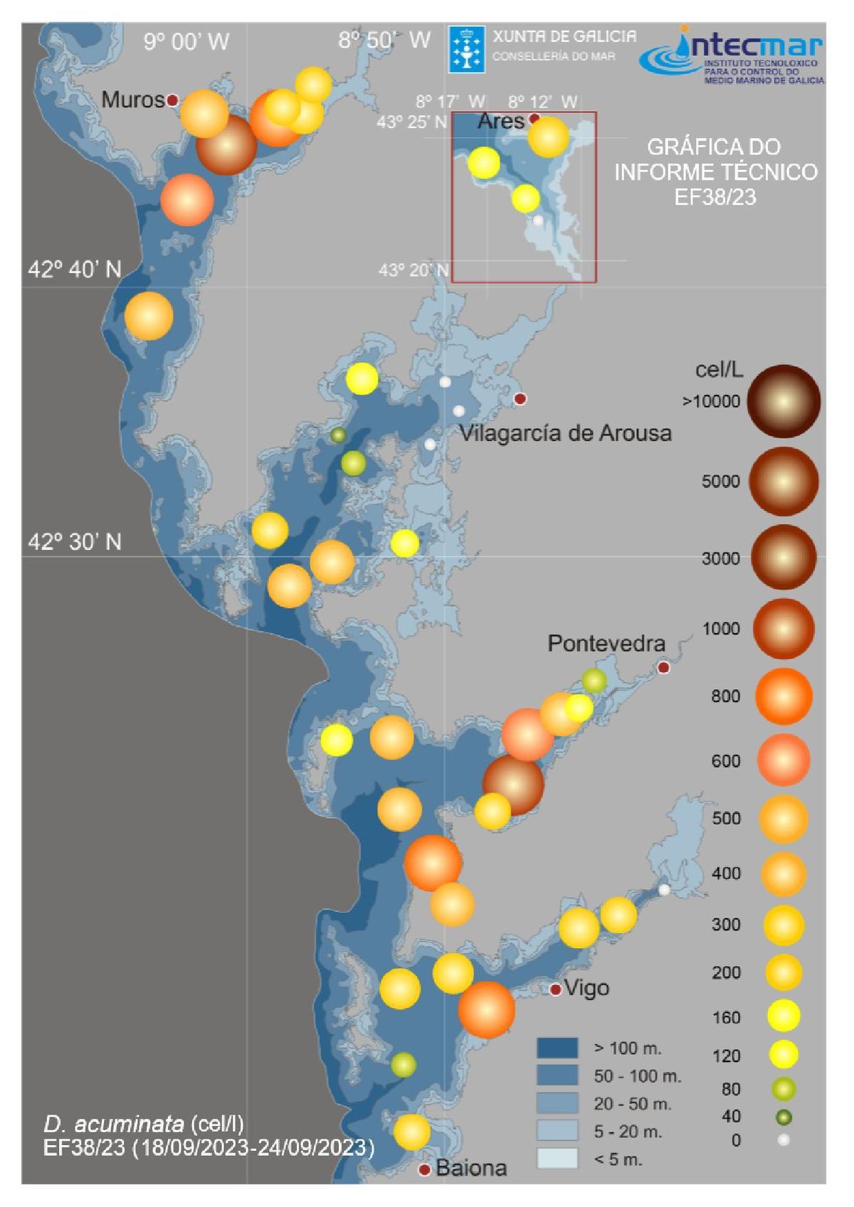 Mapa que muestra la gran cantidad de células tóxicas existentes en las rías gallegas.