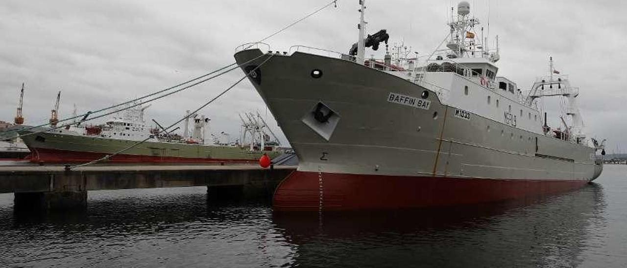 La flota de Malvinas ayer amarrada en Vigo, con el &quot;Baffin Bay&quot;, el barco con el que opera Copemar en el caladero, en primer plano. // Ricardo Grobas