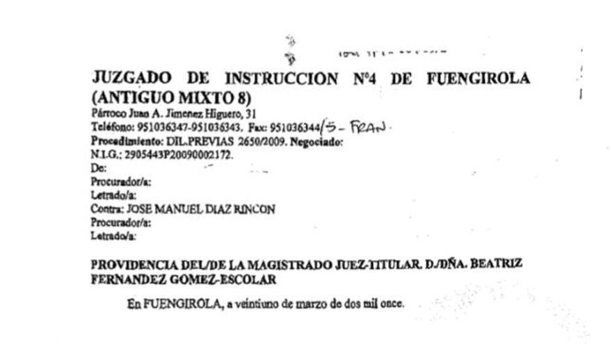 Copia difundida por el PSOE de la providencia que acredita la imputación.