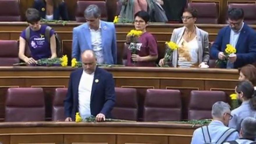 Los diputados de ERC llenas sus escaños de flores amarillas