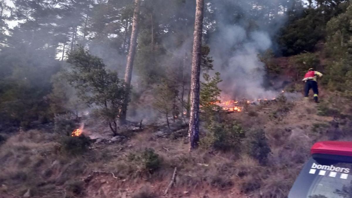 Efectius dels Bombers treballen en un incendi sota el torrent del Bac de Diví, a Bagà