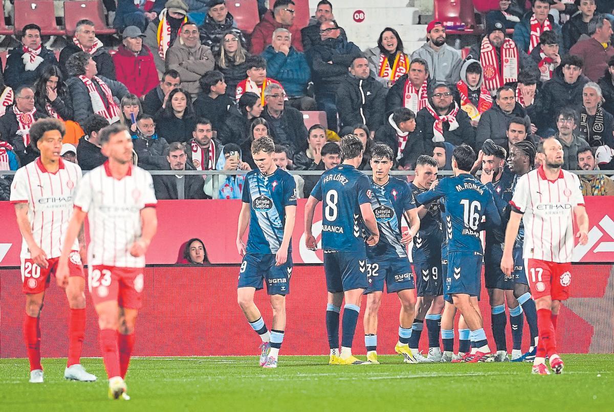 Els jugadors del Celta celebren el segon gol a Montilivi diumenge passat