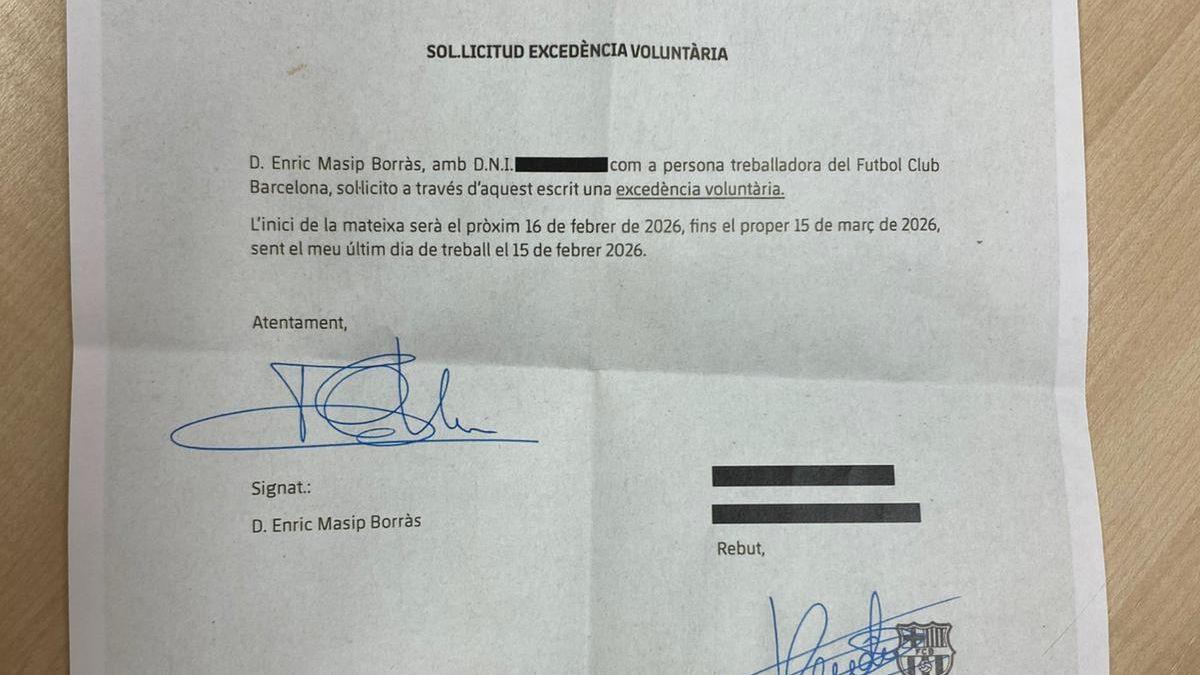 Carta de Masip al club pidiendo su baja temporal del club