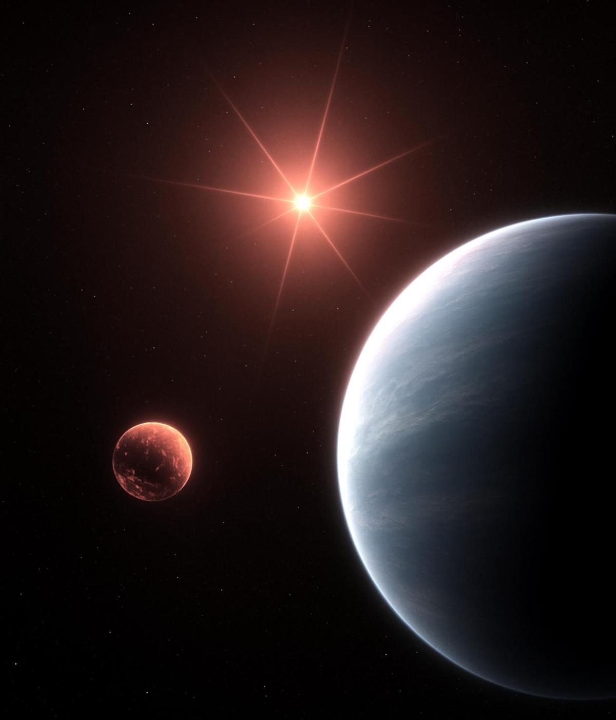 Representación artística del sistema planetario TOI-1752 y sus dos exoplanetas: el mundo de lava TOI-1752 b y el potencialmente habitable TOI-1752 c.