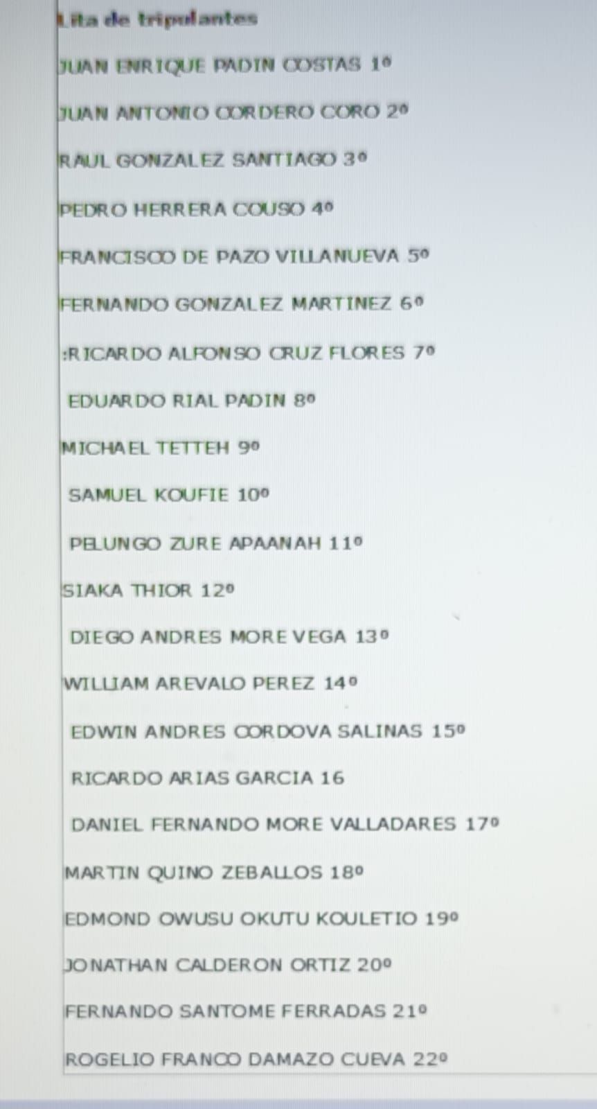 Listado de tripulantes aportado por Nores. // L. G.