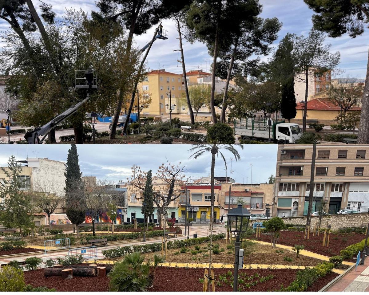 Antes y después de los Jardines Alcalde Vicente Maestre en Petrer.