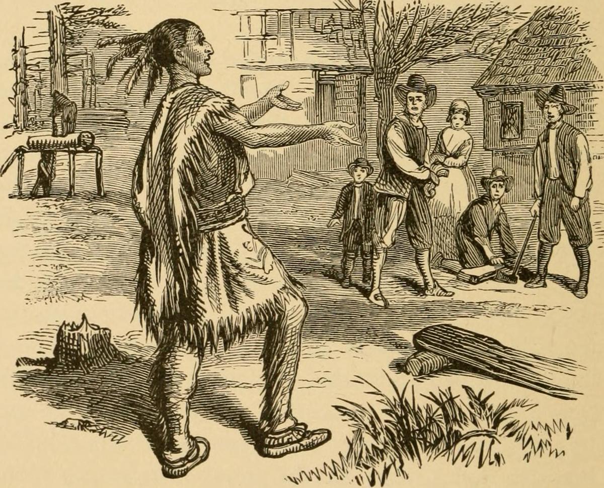 Ilustración de Squanto con los Peregrinos.