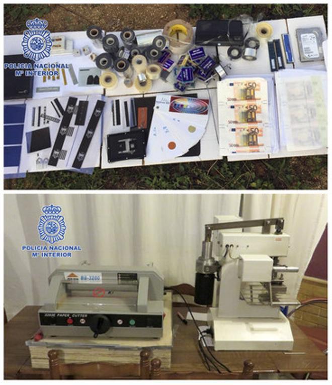GRA015. TOLEDO, 17/02/2016.- Fotografía facilitada por la Policía Nacional que ha desmantelado en la provincia de Toledo, en un chalé aislado, el mayor centro de producción de dinero falso de España, tanto por la cantidad como por la calidad de las imitaciones de los billetes, y ha detenido a dos individuos. El laboratorio desmantelado tenía material para imprimir más de dos millones de euros en billetes de 50 y en los registros se han intervenido billetes en proceso de elaboración por valor de 195.000 euros, además de escáneres, tintas, papeles, prensas industriales, y un cañón industrial de calor para el secado de grandes cantidades de billetes. EFE