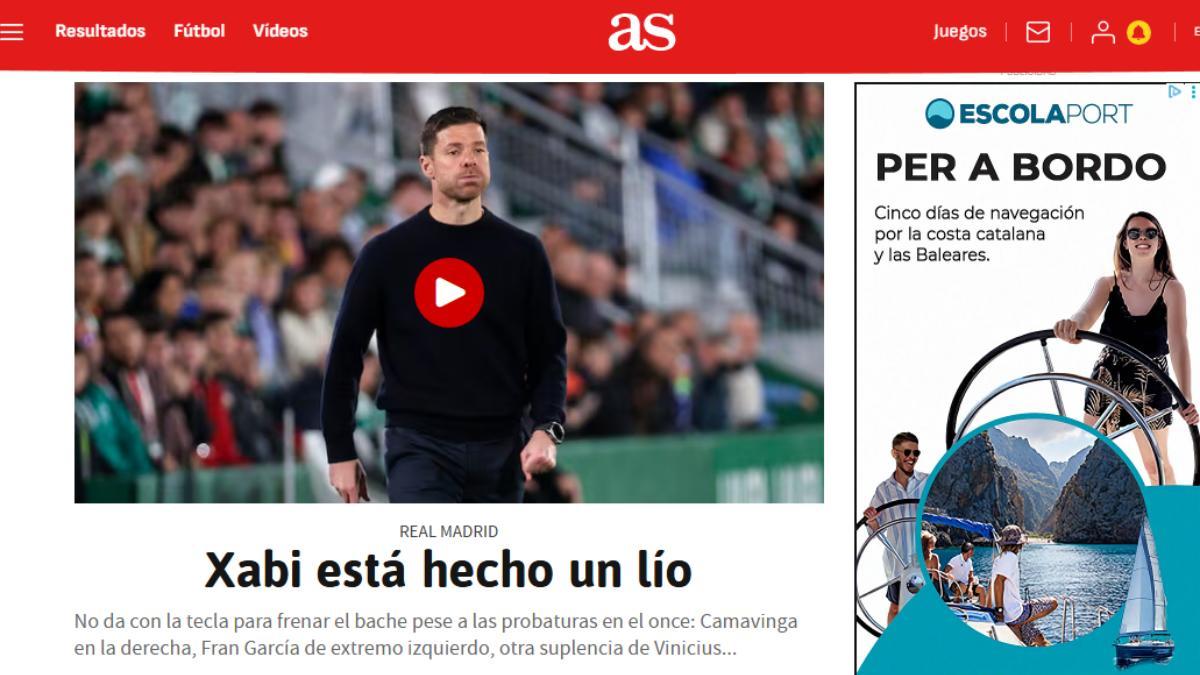 La portada de la página web del diario As este lunes por la mañana tras el Elche-Real Madrid