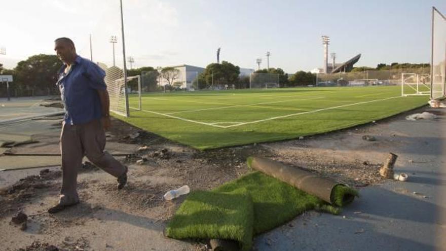 Operación de cambio del césped en las instalaciones deportivas del Hipódromo, junto a las piscinas del Tossal.