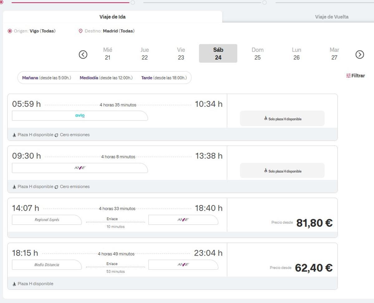 Últimos billetes de Renfe para viajar el sábado entre Vigo y Madrid