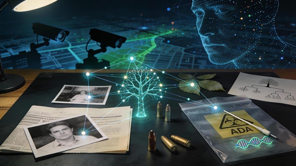 Mesa de investigación policial donde fotografías, casquillos y árboles genealógicos quedan unidos por una red de datos digitales, simbolizando cómo la inteligencia artificial conecta pistas dispersas para reabrir casos aparentemente imposibles.